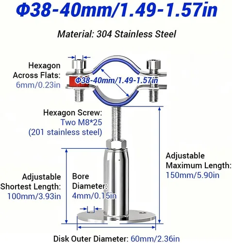Miniatura 2 de 2 ganchos de abrazadera de tubo de acero inoxidable 304, soporte de tubo ajustable de 3.937-5.906 in con tornillos, para tubo de 1.496-1.575 in
