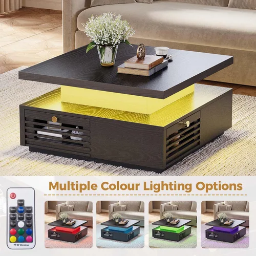 Miniatura 5 de Mesa de café IRONCK con luz LED y estación de carga, 4 cajones de almacenamiento con diseño de rejilla, mesa de café cuadrada para sala de estar