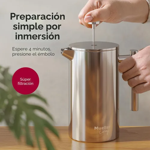 Miniatura 4 de Prensa francesa de doble pared, de acero inoxidable, con acabado de espejo (34 oz) 20% más resistente para café/té: Sistema multipantalla 100% sin