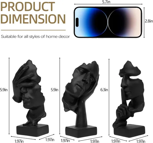 Miniatura 5 de aboxoo 3 piezas Estatua del pensador, Figura de arte abstracto El silencio es oro, Esculturas modernas de resina No oír, No ver, No hablar