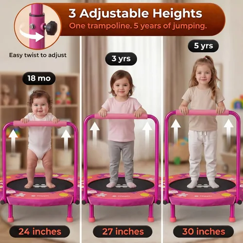 Miniatura 3 de Happin® 36'' Toddler Trampoline Indoor, Foldable Mini Trampoline for Kids Ages 2-6, ASTM Certified, Adjustable Handle, Safety Pad for Indoor &