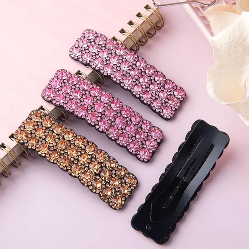 Miniatura 3 de HINZIC 4 pinzas para el cabello con diamantes de imitación a presión, pinzas de cristal brillante, horquillas rectangulares, pasadores coreanos