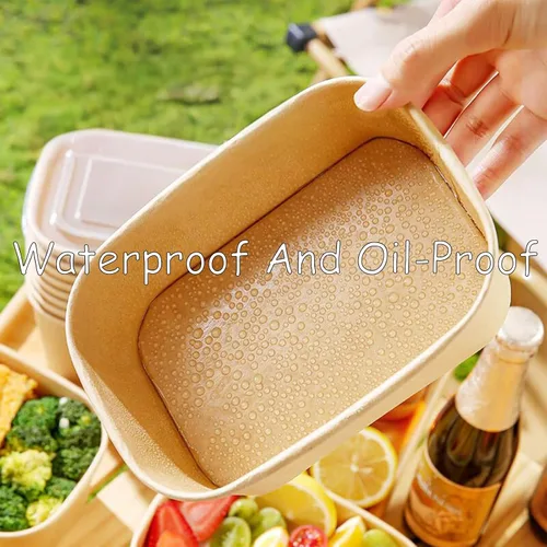 Miniatura 4 de Paquete de 50 recipientes de alimentos de papel kraft, cuencos de ensalada desechables de 25 onzas con tapas, cuencos de sopa rectangulares a prueba