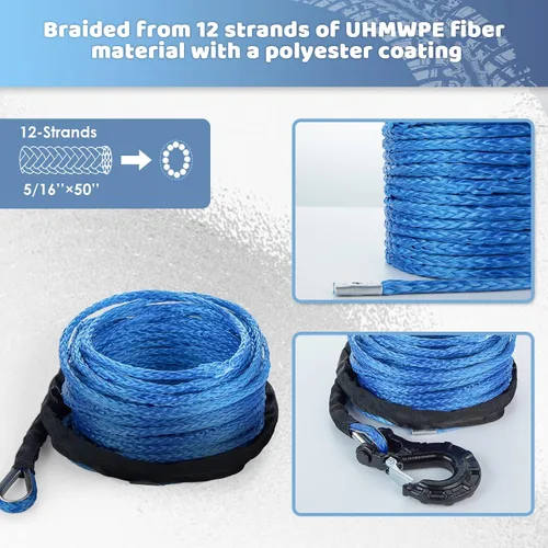 Miniatura 5 de Cuerda de cabrestante sintética de 5/16 pulgadas x 50 pies, cuerda de cable sintética de 13000 libras con funda protectora + gancho de cabrestante