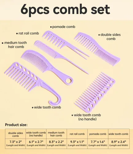 Miniatura 7 de Juego de 6 peines profesionales para el cabello para mujeres y hombres, cola de rata, peines de dientes anchos y finos para cabello rizado