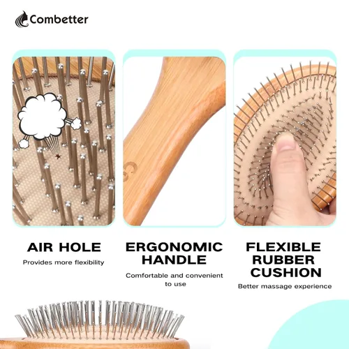 Miniatura 2 de Cepillo de pelo Combetter de bambú, para alisar el cabello y masajear el cuero cabelludo, cepillo desenredante antiestático, cepillo de madera