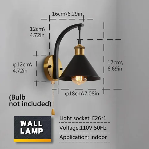 Miniatura 2 de Lightess Apliques de Pared Industriales con Interruptor de Cordón, Luz de Pared Montada Estilo Granja Negro, Accesorio de Iluminación de Pared