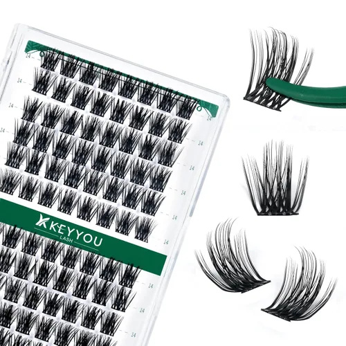 Miniatura 56 de KEYYOU Racimos de pestañas, 96 piezas de extensiones de pestañas DIY, rizado D de 16 mm, negro, realista, no irritante, fácil de colocar en casa
