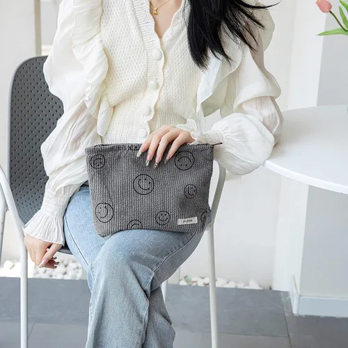 Miniatura 3 de Bolsa de maquillaje para mujeres, bolsa de cosméticos de pana con diseño estético, bolsa de mano para damas, estuche para lápices para niñas, lindo