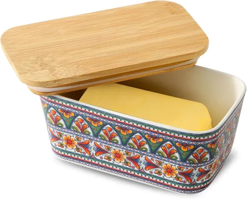 Miniatura 12 de Hasense Mantequillera de cerámica con tapa, recipiente grande para mantequilla hermética para encimera, patrón azul marino en relieve, fácil