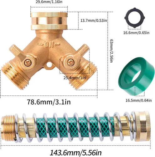 Miniatura 2 de ORAEVY Divisor de manguera de latón de 2 vías, conector de manguera de jardín de latón de 3/4 pulgadas con 2 adaptadores de extensión de manguera