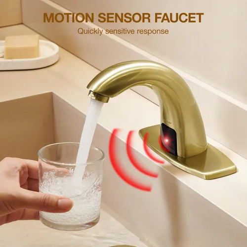 Miniatura 7 de Charmingwater Grifo de lavabo de baño sin contacto, grifo con sensor automático de movimiento con placa de cubierta de agujero, oro cepillado