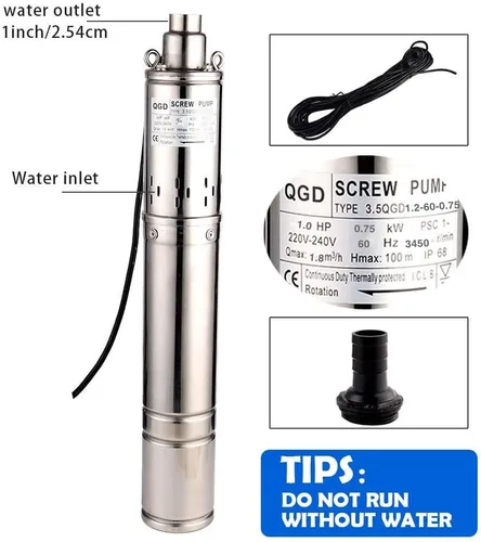 Miniatura 2 de Bomba de pozo profundo de acero inoxidable de tubo de 3.5 pulgadas 1HP Bomba de pozo de tornillo sumergible 220-240V/60Hz Bomba de agua de pozo