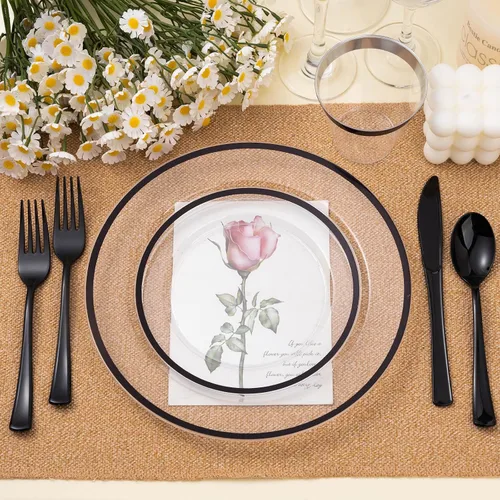 Miniatura 5 de Beststar Juego de vajilla de plástico negro y transparente de 350 piezas para 50 invitados, incluye 100 platos desechables negros, 100 tenedores, 50