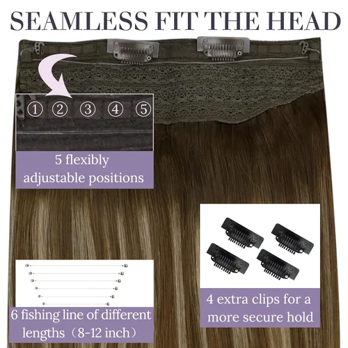 Miniatura 4 de Fshine - Extensiones de cabello humano con clip, de 16 pulgadas, con clip, color marrón chocolate, mezcla de rubio caramelo, extensiones de cabello