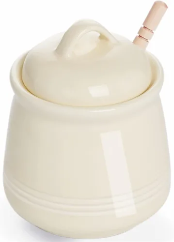 Olla de cerámica para miel con tapa y cuchara de miel, tarro de miel de porcelana fácil de limpiar y apto para lavavajillas, 12 onzas (beige)
