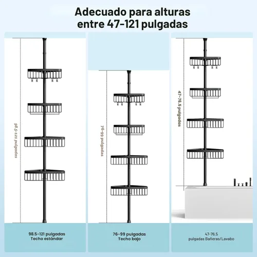 Miniatura 2 de Organizador de Ducha de Esquina con Barra de Tensión: Organizador Ajustable a Prueba de Óxido de 4 Niveles para el Interior del Baño - 120-307 cm