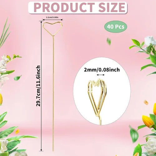 Miniatura 2 de 40 púas para tarjetas florales, soportes para fotos de corazón, palillo de púas para fotos, soporte para tarjetas de lugar floral dorado, clips