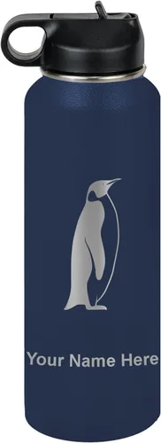 Miniatura 67 de LaserGram Botella de agua personalizada, pingüino, acero inoxidable de doble pared aislada al vacío con popote superior, regalo grabado