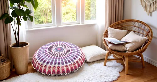 Miniatura 5 de CRAFT KALA 32" Funda de cojín redonda grande para piso bohemia, funda de puf bohemio mandala, funda de almohada para meditación, cojines para Nuevo