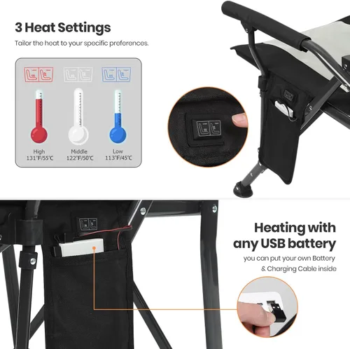 Miniatura 5 de XGEAR Silla de campamento con calefacción de gran tamaño para adultos, 3 niveles de calor, respaldo y asiento con calefacción, silla de campamento