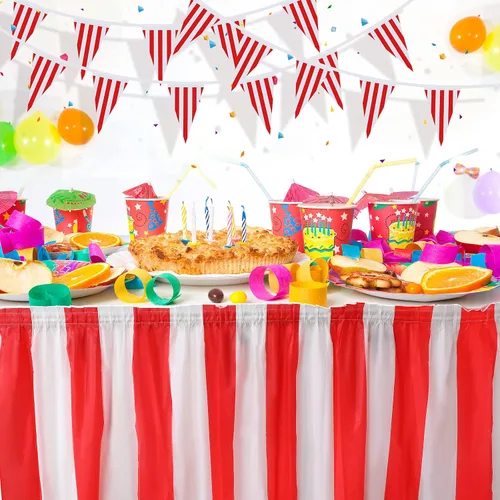 Miniatura 5 de Tegeme Paquete de 15 faldas de mesa de carnaval a rayas rojas y blancas, 165 x 30 pulgadas, manteles desechables de carnaval con banderines a rayas