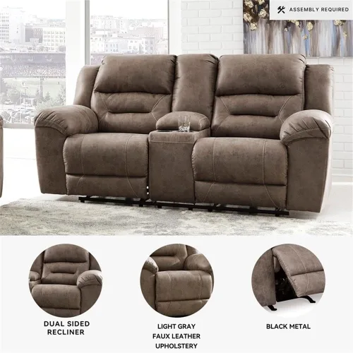 Miniatura 7 de Signature Design by Ashley Stoneland - Sofá biplaza reclinable manual de piel sintética con consola central, color marrón claro Gris