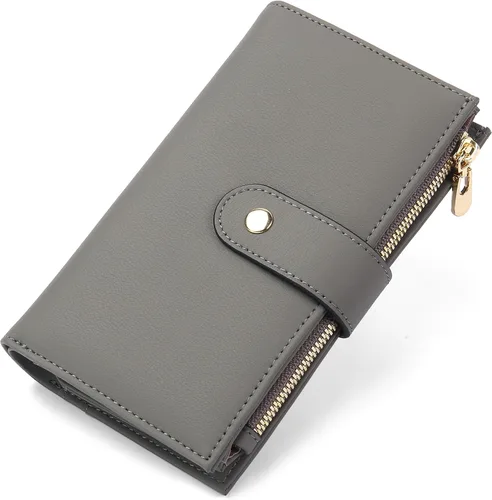 Miniatura 25 de yiijay Cartera para mujer con bloqueo RFID, de cuero vegano, triple pliegue, tarjetero para tarjetas de crédito, cartera de viaje con soporte