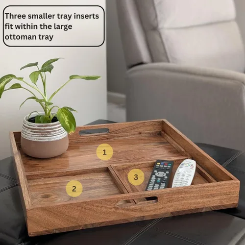 Miniatura 3 de Bandeja otomana grande de 20 pulgadas cuadrada. Bandeja de servir premium de madera de acacia para sala de estar, otomano, cocina o como bandeja