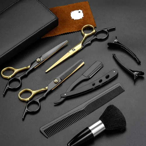 Miniatura 8 de Juego de 11 tijeras profesionales para el cabello, suministros de peluquería de acero inoxidable, incluyendo tijeras rectas, tijeras para adelgazar