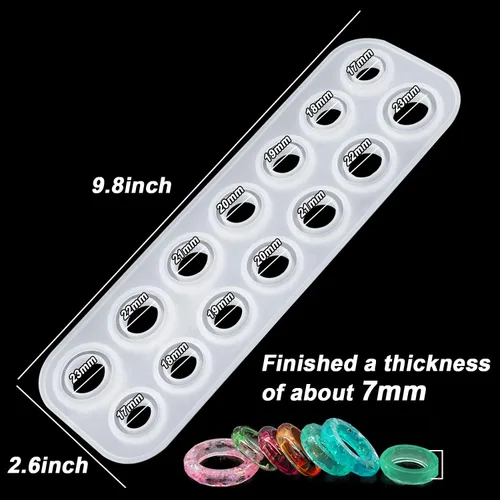 Miniatura 6 de Moldes de anillo de resina de silicona, silicona para resina epoxi, 14 tamaños con caras redondas y rómbicas para hacer anillos, aretes, colgantes