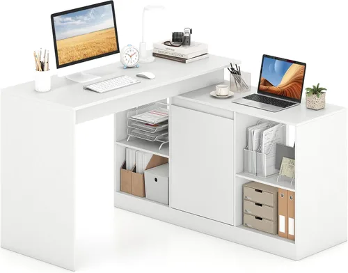 Miniatura 10 de Tangkula Escritorio reversible en forma de L con armario de almacenamiento y 4 estantes, escritorio de esquina para escribir, estudio, trabajo