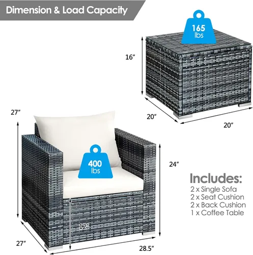 Miniatura 5 de HAPPYGRILL Juego de 3 piezas de sofá de mimbre de ratán al aire libre con mesa auxiliar, juego de muebles de patio con cojines suaves para balcón