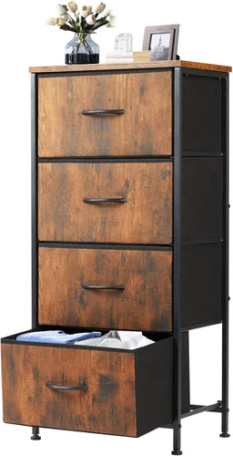 Miniatura 14 de DUMOS Mesita de noche con 4 cajones, mesa de noche con contenedores de tela extraíbles, marco de acero resistente, organizador superior de madera