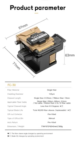 Miniatura 7 de Cortador automático de estabilidad FC-30 de cuchilla de fibra óptica con 48,000 Cleaves Ángulo de cuchilla <0.5 ° Construido en cubo de basura