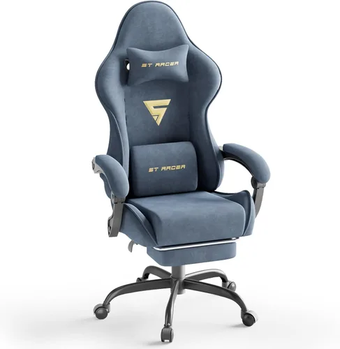 Miniatura 10 de Huracan Silla de juegos de tela de terciopelo con reposapiés para adultos, sillas ergonómicas para juegos con base de masaje, silla reclinable