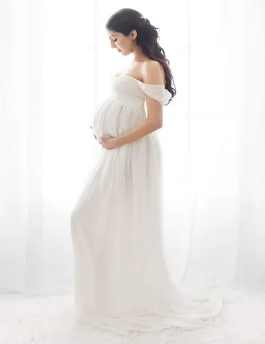 Miniatura 4 de JustVH Vestidos de maternidad para sesión de fotos con hombros descubiertos, vestido de encaje de gasa, con abertura frontal, maxi vestidos