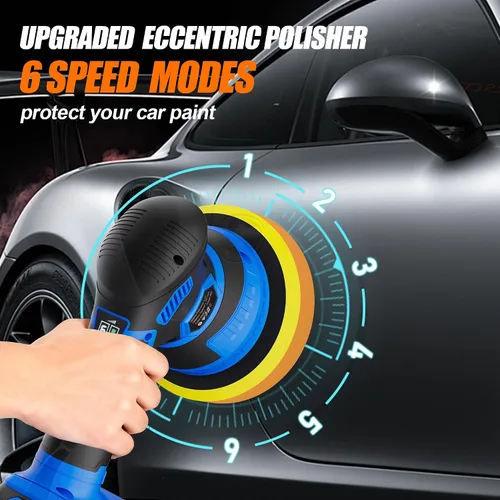 Miniatura 4 de Pulidora inalámbrica para automóvil, 2 baterías de 2 Ah 21 V, kit de cera de 6 pulgadas, 6 velocidades variables, 5500 RPM, 5 tipos de almohadillas