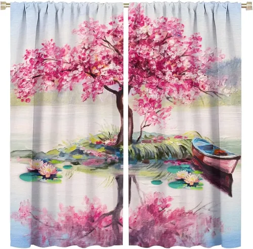 Miniatura 27 de Cortinas opacas con diseño floral de galaxia azul abstracta para dormitorio, cortinas de ventana de teñido anudado con diseño de flor de cerezo