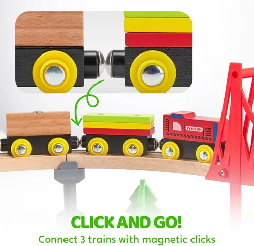 Miniatura 4 de Juego de trenes de madera de 60 piezas, trenes magnéticos de juguete con pista de madera para niños de 3 a 8 años, juego de tren de grúa