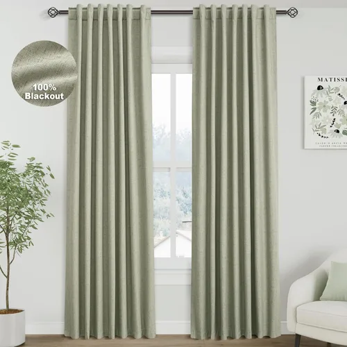 Miniatura 35 de Cortinas de lino 100% opacas para dormitorio, 102 pulgadas de largo, con pestaña trasera, bolsillo para barra, paneles acústicos con aislamiento