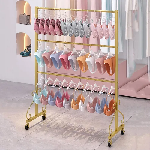 Miniatura 7 de Soporte de exhibición de ropa interior de pie con ruedas, tienda al por menor moderna de 3 niveles, soporte de sujetador de doble cara, pantalones