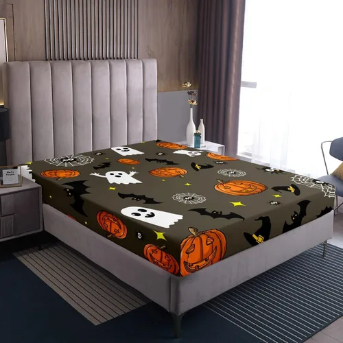 Miniatura 4 de Erosebridal Sábana bajera ajustable con temática de Halloween para niños y niñas, sábanas de linterna de calabaza, sábanas de estrellas góticas