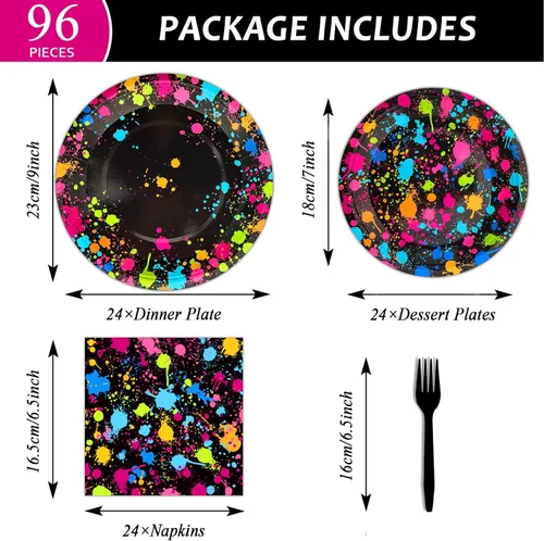 Miniatura 2 de Suministros de fiesta de neón para 24 invitados, juego de platos y servilletas de papel desechables de neón, vajilla brillante, decoración de fiesta