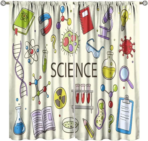 Miniatura 13 de Cortinas opacas para ventanas de ciencia para niños, lupa de libro de laboratorio de ciencia, lupa, frascos moleculares, cortinas impresas