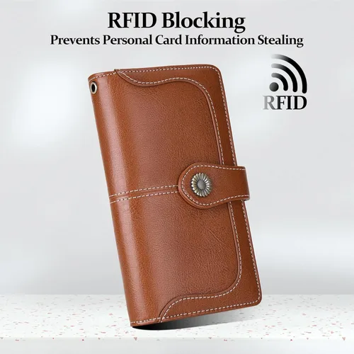 Miniatura 3 de FALAN MULE Cartera de cuero para mujer, de gran capacidad, bifold, con bloqueo RFID, tarjetero con bolsillo para monedas con cremallera