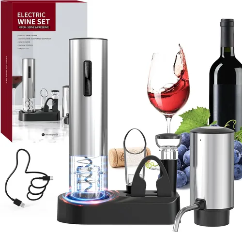 Miniatura 9 de CIRCLE JOY Juego de abridor eléctrico de botellas de vino de acero inoxidable, recargable, 8 en 1, juego de regalo de vino con base de carga, Plata