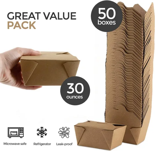 Miniatura 2 de Stock Your Home Recipientes de comida para llevar para microondas, cajas de papel kraft marrón para llevar de 30 onzas (paquete de 50) resistentes a