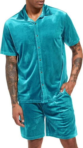 Miniatura 32 de LecGee Conjunto de pantalones cortos casuales de verano para hombre, camisa de terciopelo de manga corta con botones, pantalones cortos de cintura
