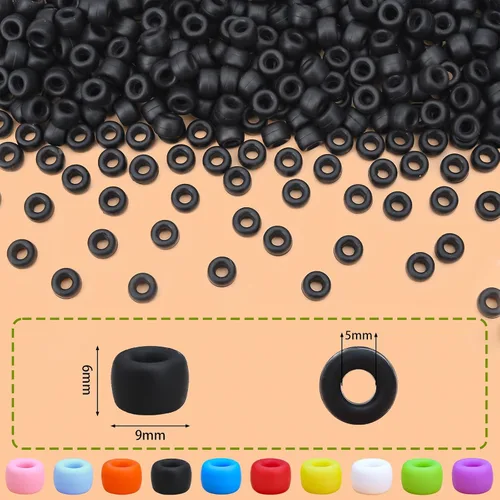 Miniatura 2 de 300 piezas de cuentas de pony de silicona para trenzar el cabello, colores negros 6 * 9 mm cuentas de kandi suaves para hacer pulseras, bolígrafos